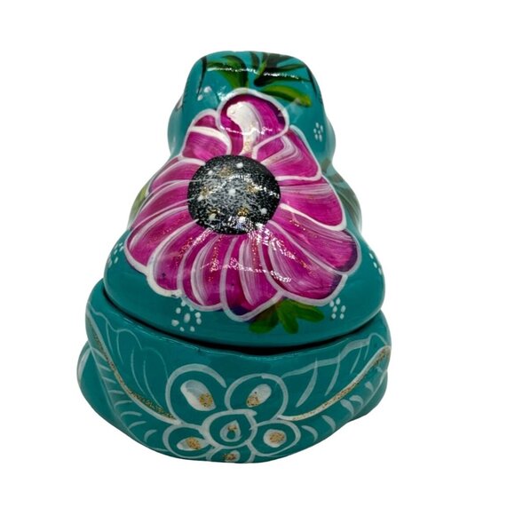 Talavera Frog Toad Trinket Box Hand painted Brightly Blue Pink Florals Mexico - Picture 4 of 6